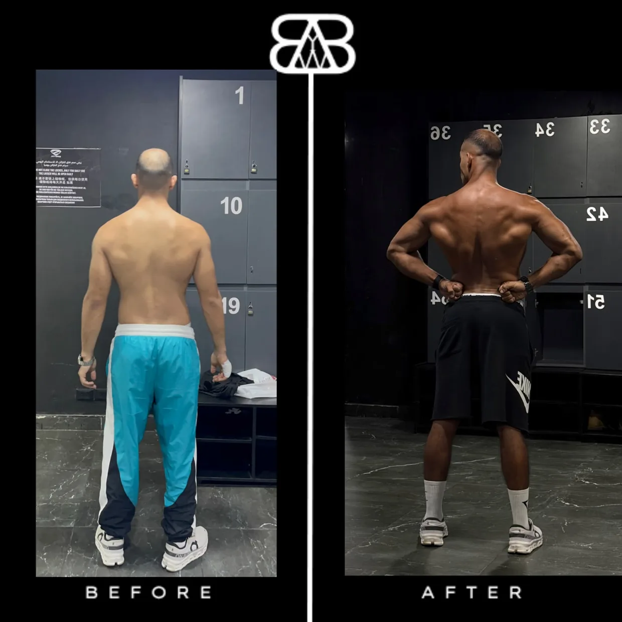 Ebrahim, the coach — his own before and after, back view.